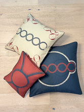 Load image into Gallery viewer, Three decorative pillows with circular patterns on a wooden floor.