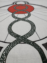 Load image into Gallery viewer, Decorative design with interlocking rings and a red circle on a white background
