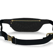 Load image into Gallery viewer, Black waist bag with gold zippers on a white background
